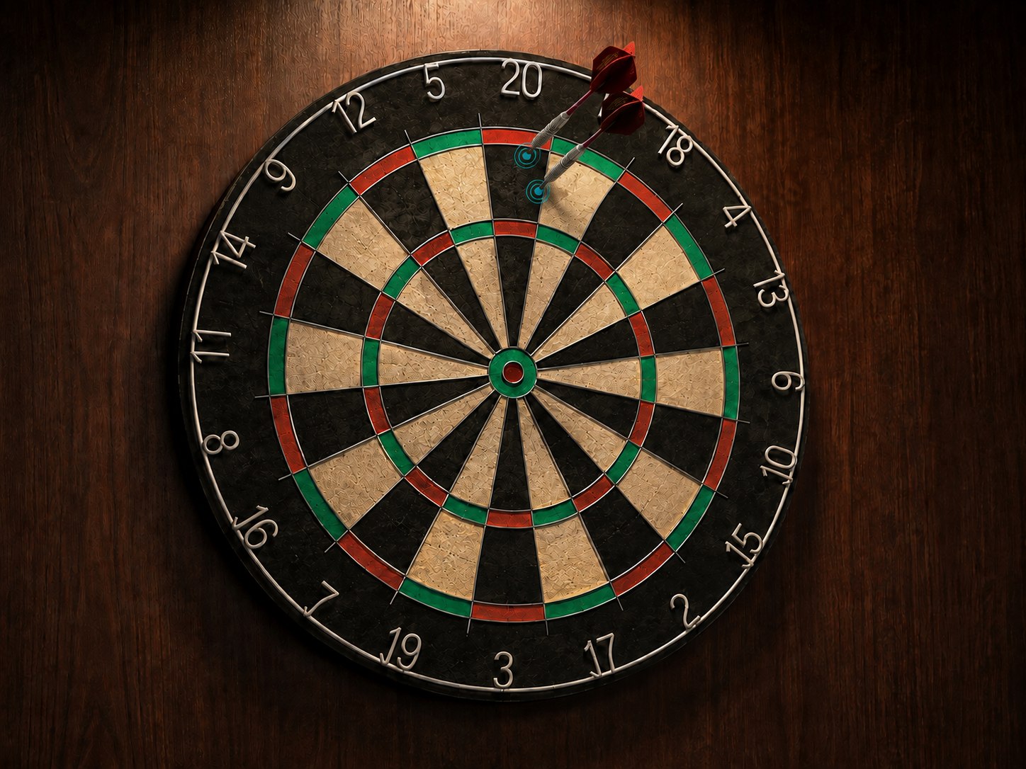 Realistische Illustration eines Dartboards mit zwei steckenden Pfeilen im schwarzen Single-20-Feld. Türkise Punkte und Ringe markieren die Eintrittspunkte der Spitzen.